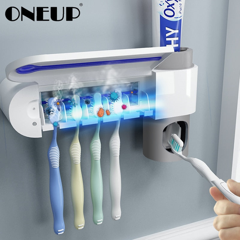 UV disinfecting toothbrush holder w/ toothpaste dispenser