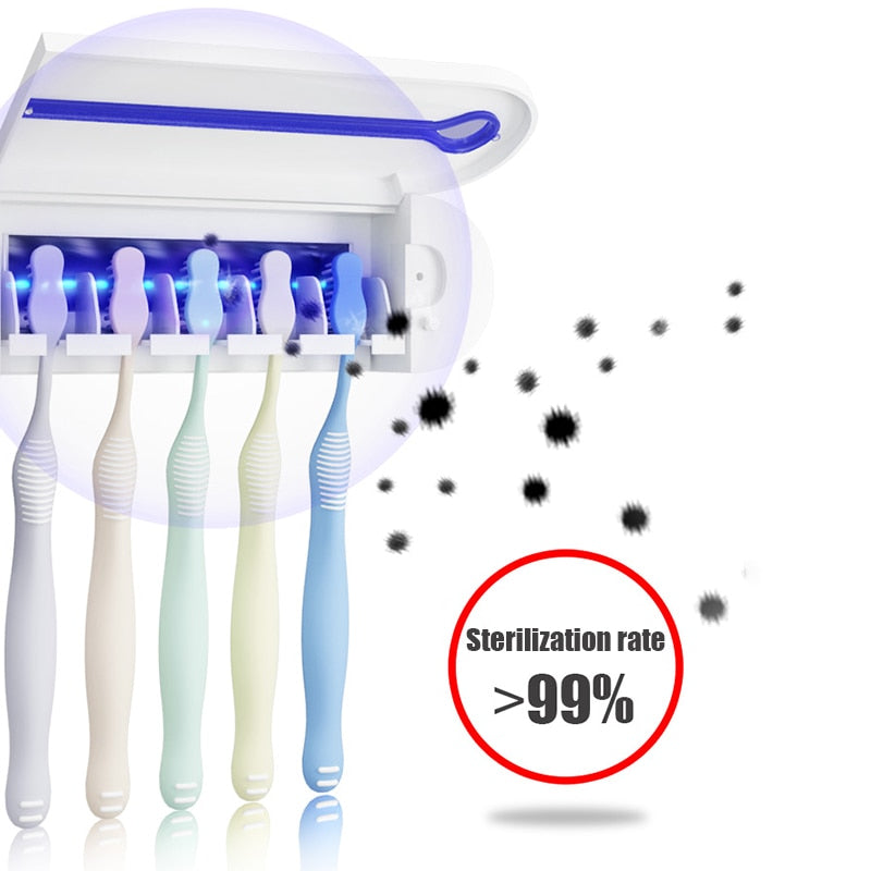 UV disinfecting toothbrush holder w/ toothpaste dispenser