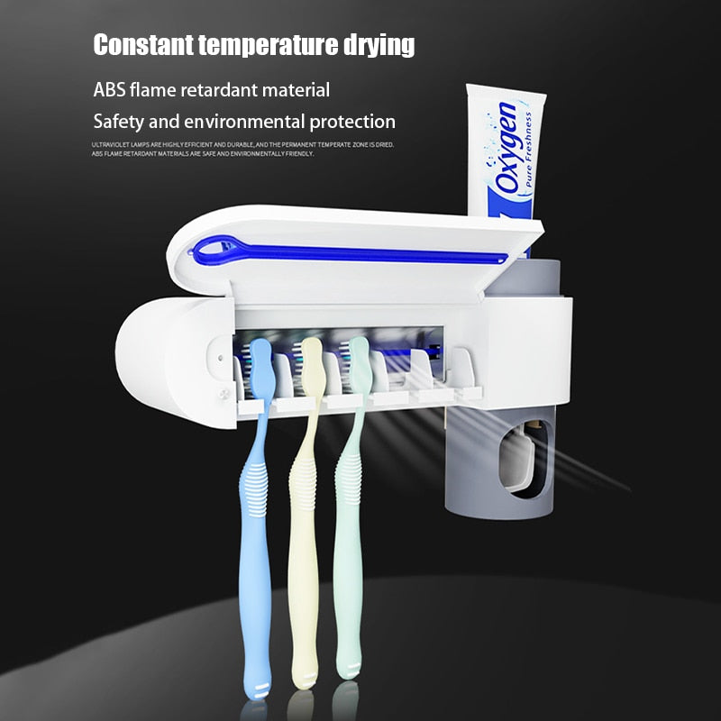 UV disinfecting toothbrush holder w/ toothpaste dispenser